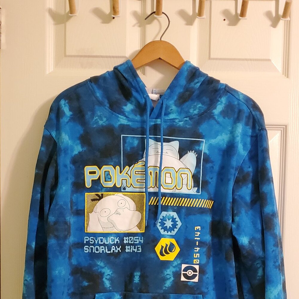Pokémon Tie Dye Hoodie Blue Pullover Size Large L Psyduck + Snorlax Graphic Pock